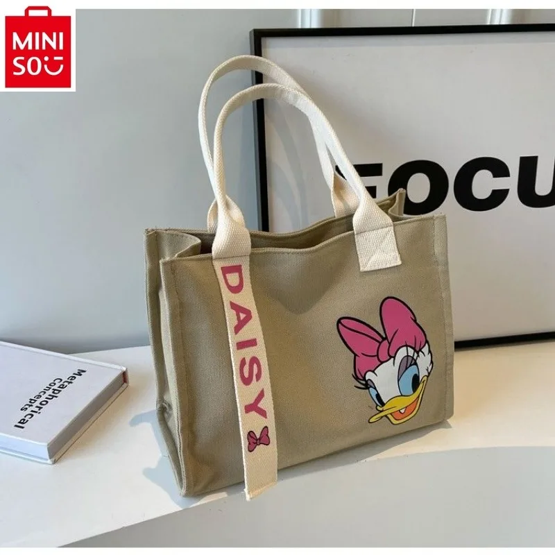 MINISO Disney High Quality Canvas Large Capacity Handbag for Women\'s Cute Mickey Donald Duck Printed Casual Storage Tote Bag