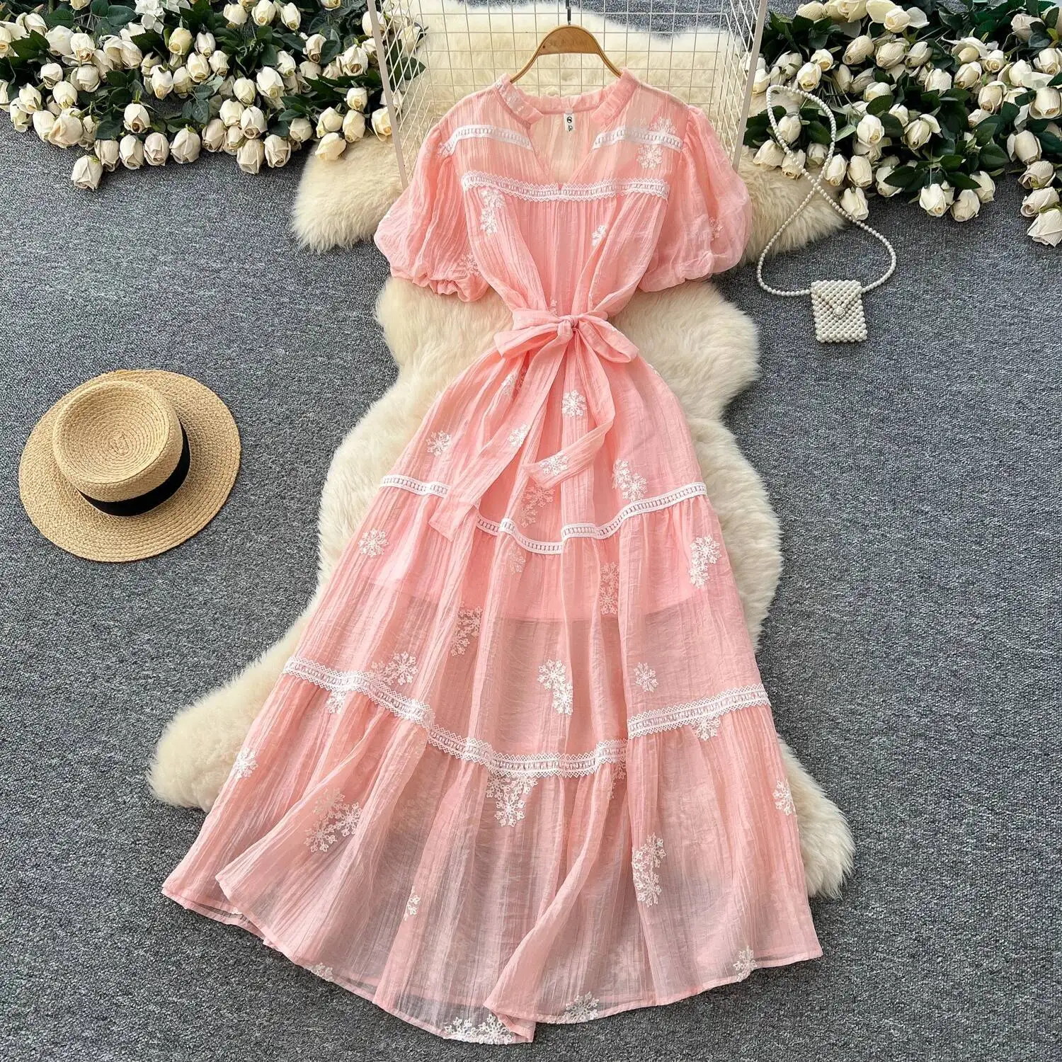 Chic vintage scollo a V maglia ricamata sottile elegante fata moda coreana Boho vestito estivo abbigliamento donna Abito lungo
