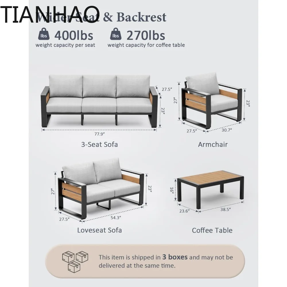 aluminum outdoor patio furniture - 2 pcs armchairs and coffee table, all-weather metal modern outside furniture with washable t