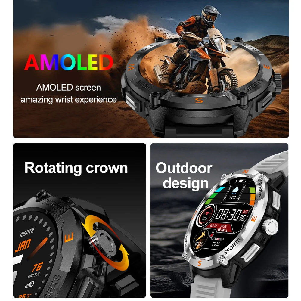 心拍数健康検出屋外 GPS スポーツスマートウォッチメンズ AMOLED スクリーンブルートゥース通話スポーツディープ防水スマートウォッチ