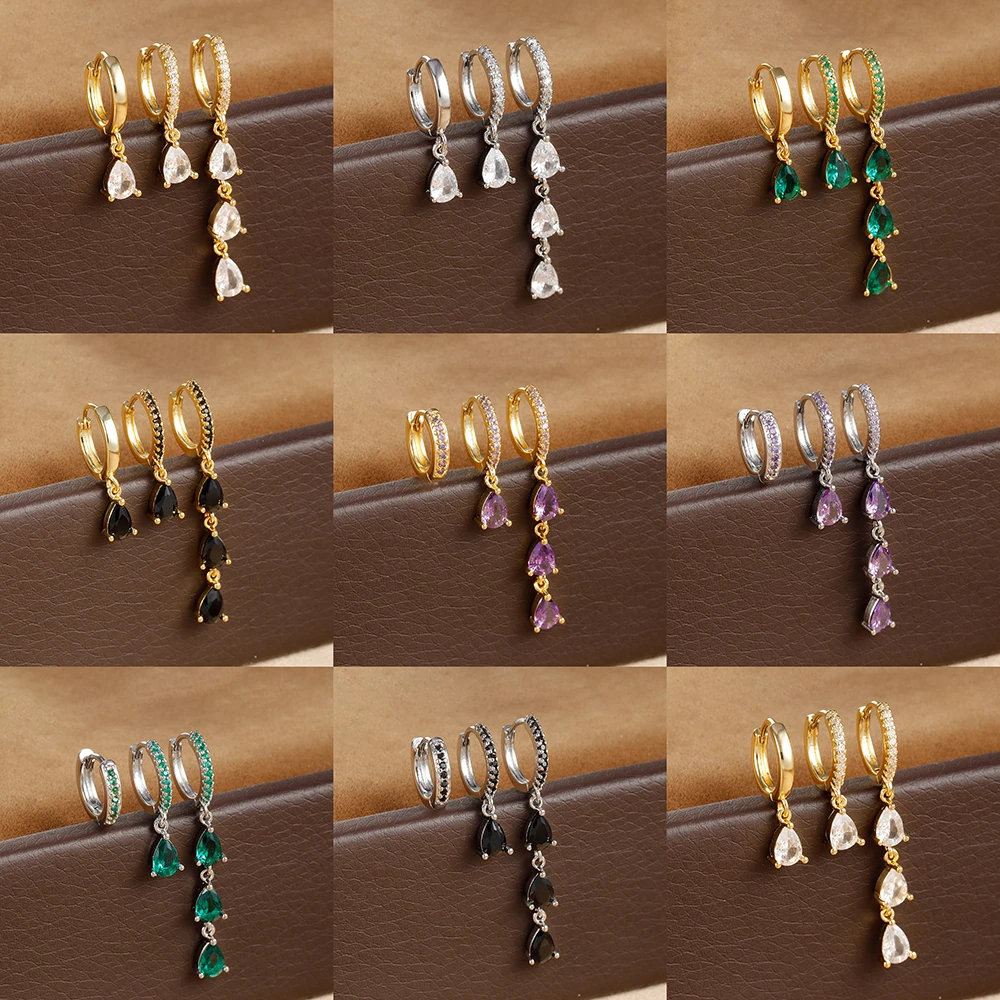 סט של 3 עגילי חישוק מפלדת אל-חלד בעיצוב חדש לנשים, מצופים זהב 18K עם תליון זירקוניה