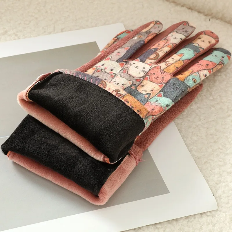 Cute Lovely Sweety Cartoon Cat Painting 3D Printing Suede Gloves Women Winter Keep Warm Touch Screen Add Velvet Prevent Cold