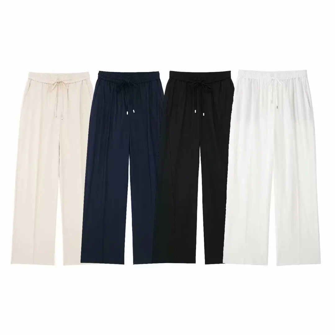 

European and American style fashionable all-match linen blended straight casual pants for women in spring and autumn new wide-le