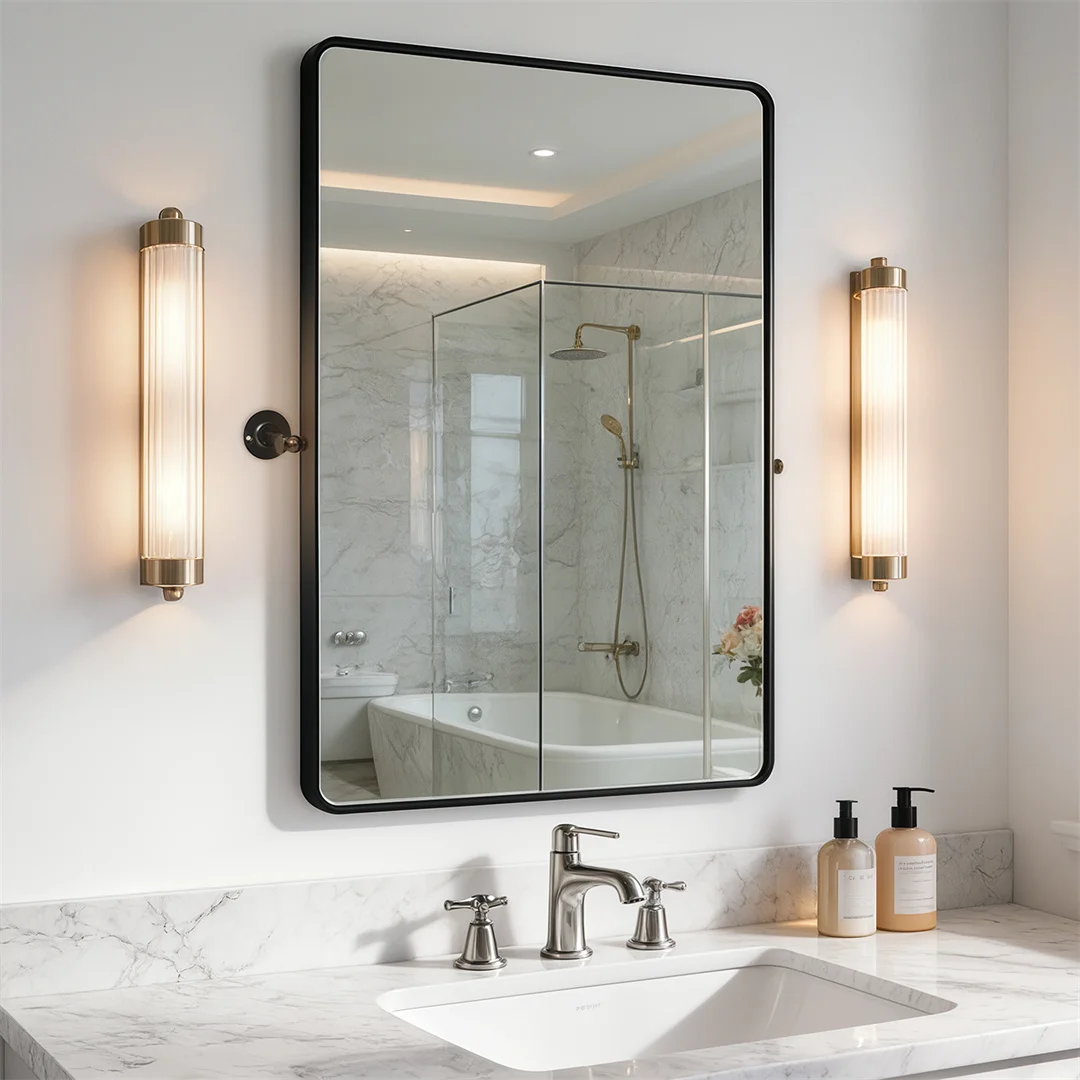 60x80cm Black Adjustable Tilting Bathroom Wall Mirror Aluminum Framed Pivot Vanity Mirror for over Sink Suitable for Bathrooms And Malls Horizontal & Vertical