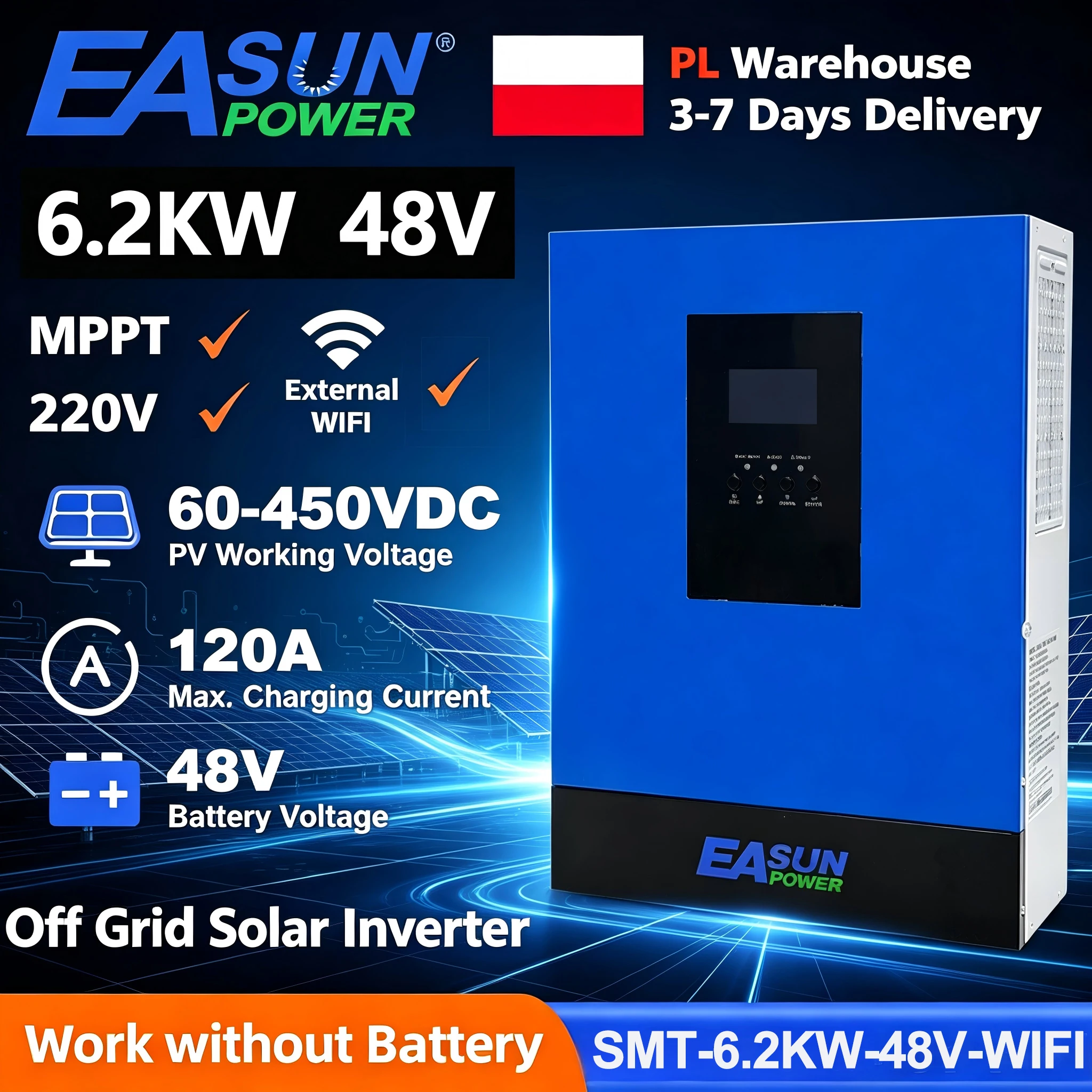 Inverter Solare Ibrido EASUN POWER 6.2KW 48V 220V 120A con Caricabatterie MPPT, Inverter a Onda Pura Off-Grid con WIFI