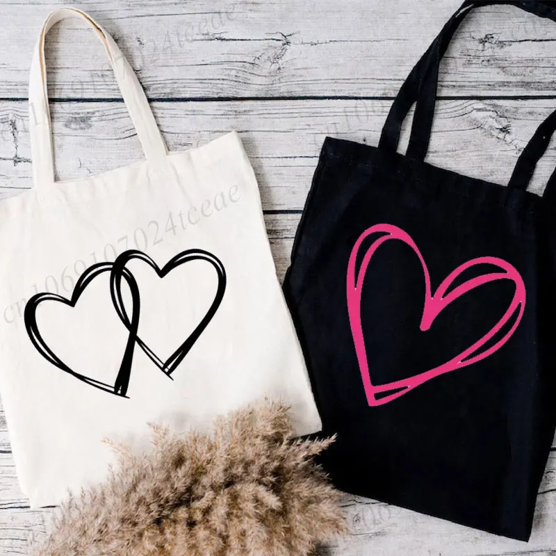 Double Heart Women's Fashion Shoulder Bag Love Heart Student Tote Bag New Fashion Totebag Canvas Trendy Lady Commuter Handbag