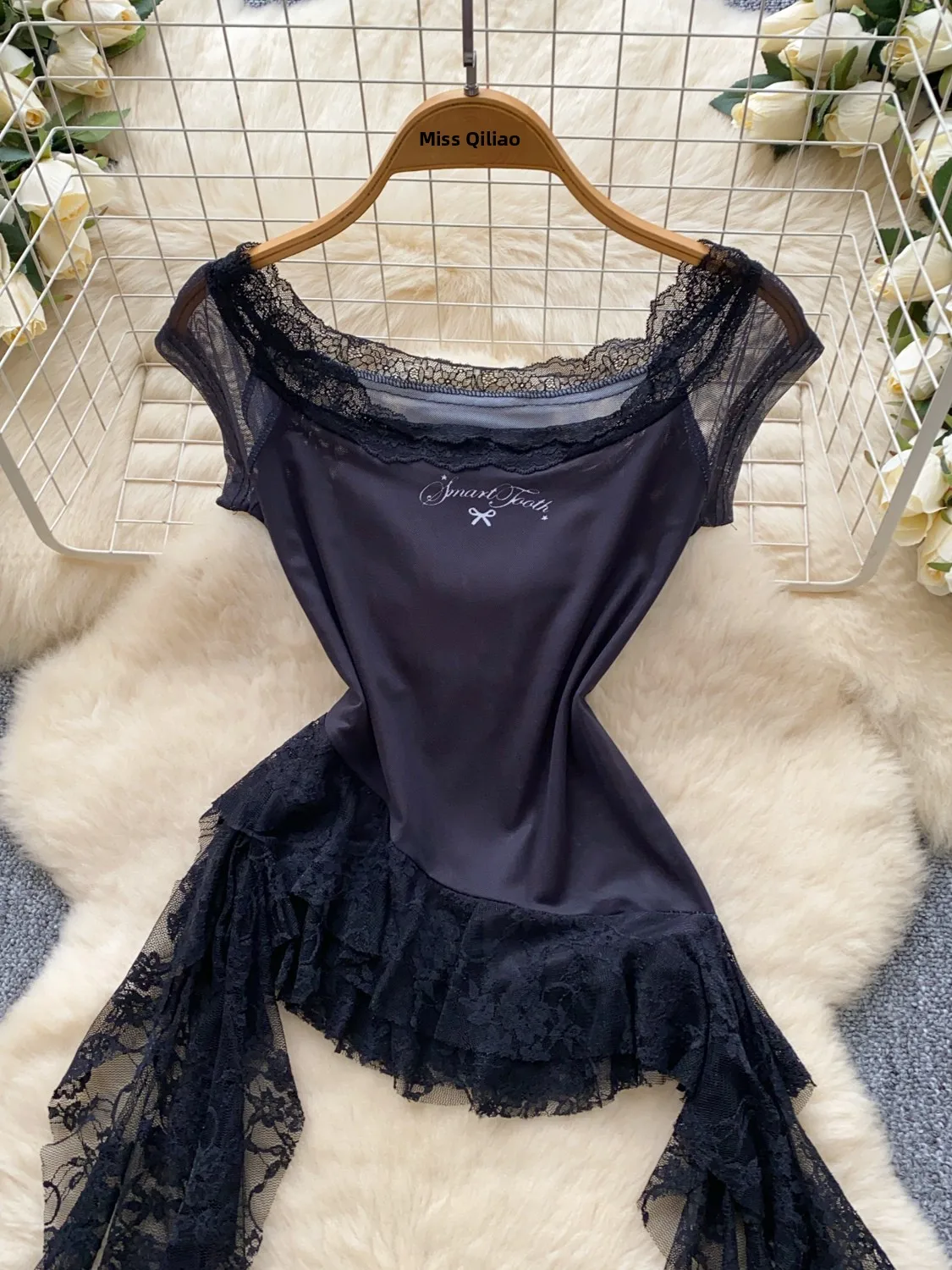 Slim Fit Lace Patchwork Irregular American Hot Girl Design Pure Desire Summer T irt Women's Commute Sle Creative Pattern