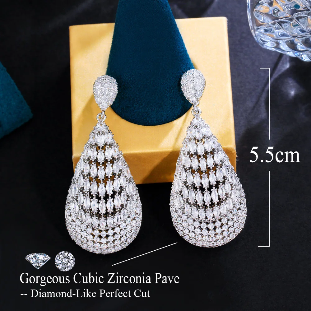 CWWZircons Heavy Stone Work Bling Marquise Cut White Cubic Zircon Dangly Drop Long Wedding Bridal Earrings for Women Jewel CZ556