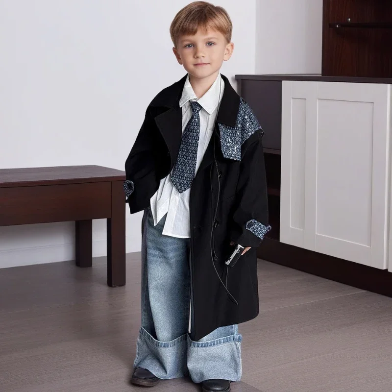 

Boys Trench Coat Autumn Black Long Sparkly Patchwork Overcoat Fashion casual school teen kids Long Windbreaker Child Outerwear