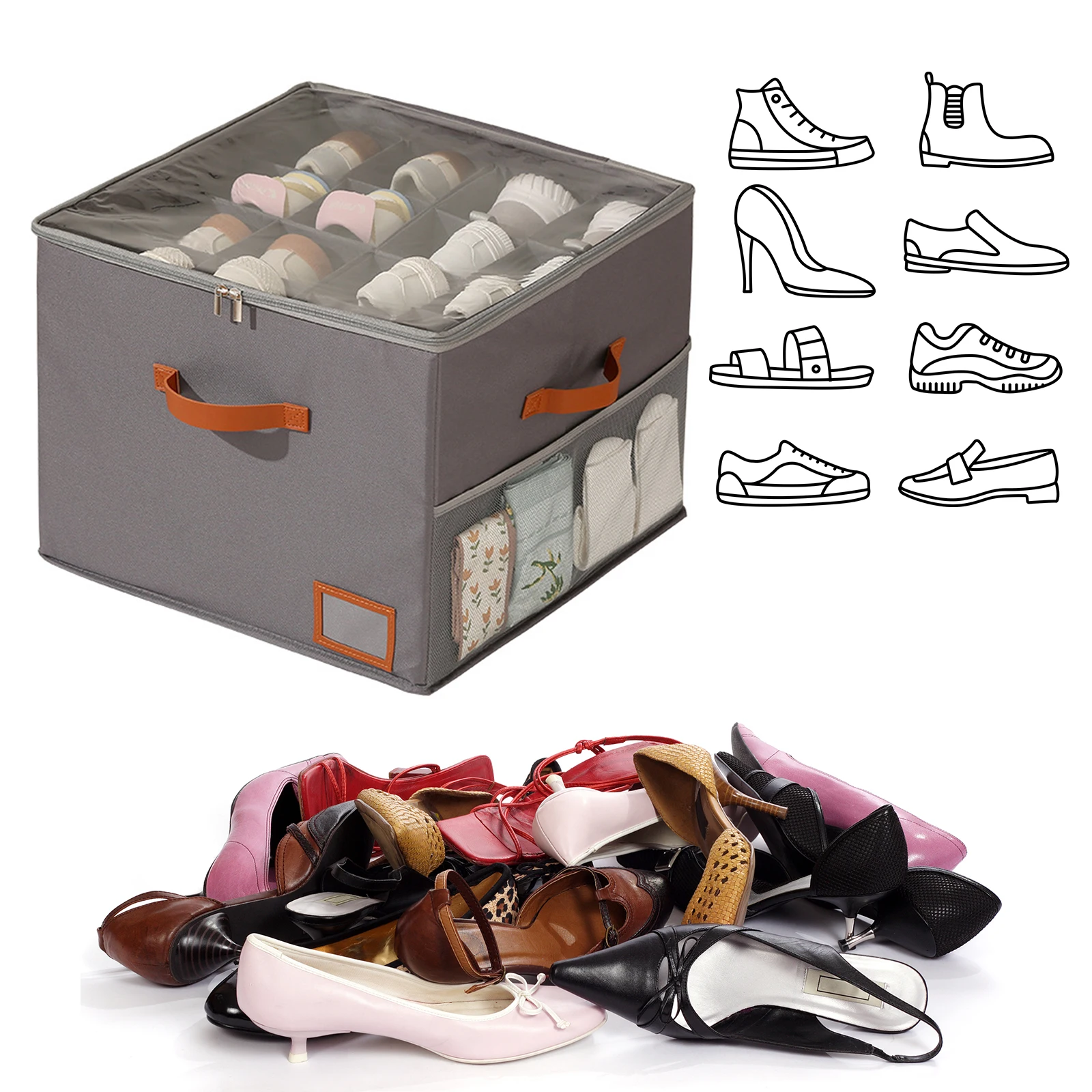 

Shoe Storage Box Fits Up To 16 Pairs Shoe Storage Bins with Clear Cover (Grey)