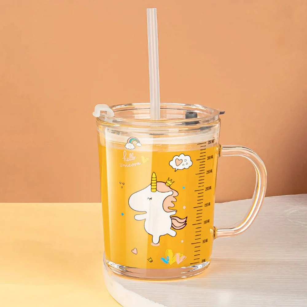 350ml Cute Unicorn Children Milk Cup With Scale Transparent Breakfast Cup With Straw Lid Cartoon Glass Cup For Kids Drinkware