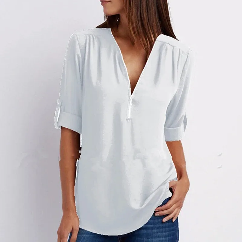 2024 Casual Long Sleeve Blouse Spring Temperament Zipper Tops Fashion V-neck Shirt Loose Chiffon Solid Lady Clothes Blusas 25811