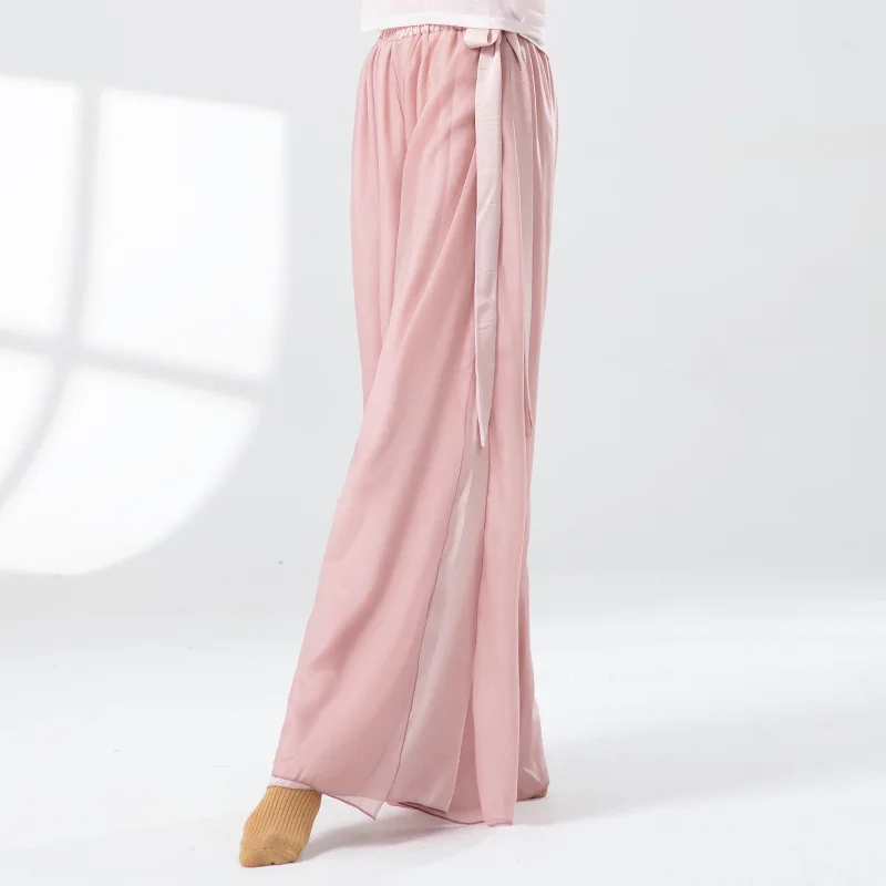 Classical Dance Pants Loose Chiffon Skirt for Women Double-layer Patchwork Ethereal and Flowing with Ribbons Wide-leg Pants