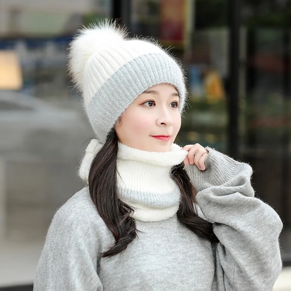 Personality Elastic Cap and Scarf Suit Ball Contrast Color Winter Pullover Cap Trendy Soft Compact Scarf Autumn