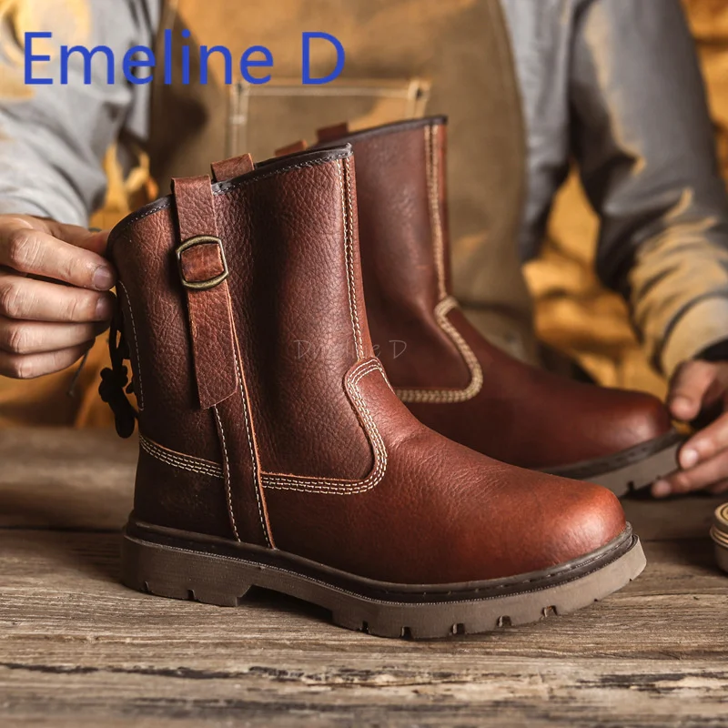 

Couple's Soft Leather Boots Fashionable Retro High Top Boots A Breathable Design At The Back Strap Western Cowboy Riding Boots