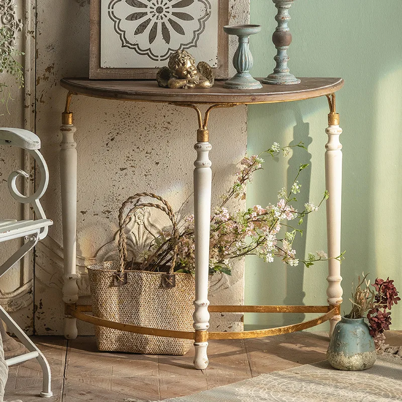 American Style Solid Wood Vintage EntrywayHomestay Distressed Decorative Display  Living  Wall-Mounted Assembly Half Round Table