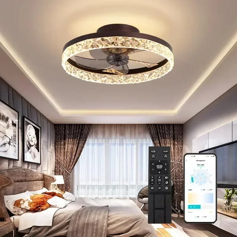 Low Noise Lamps For Home Modern Crystal LED Ceiling Fan Living Dining Table Room Bedroom Decoration Remote Control Light Fixture