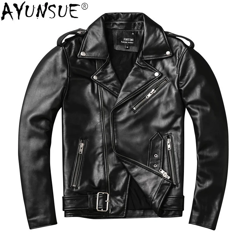 Mens Genuine Leather Jacket Motorcycle Real Sheepskin Coat Men 5XL Autumn Biker Short Chaquetas Hombre KJ4116