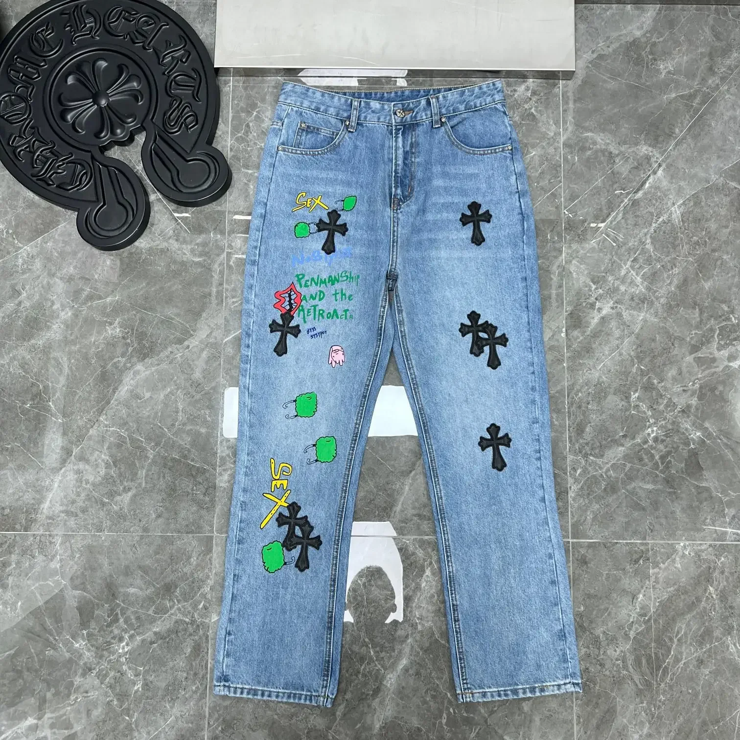 2022 Early Autumn Graffiti Red Lip Embroidery Unisex Washed Denim Jeans Loose Fit Cross-Border Wholesale Drop Shipping