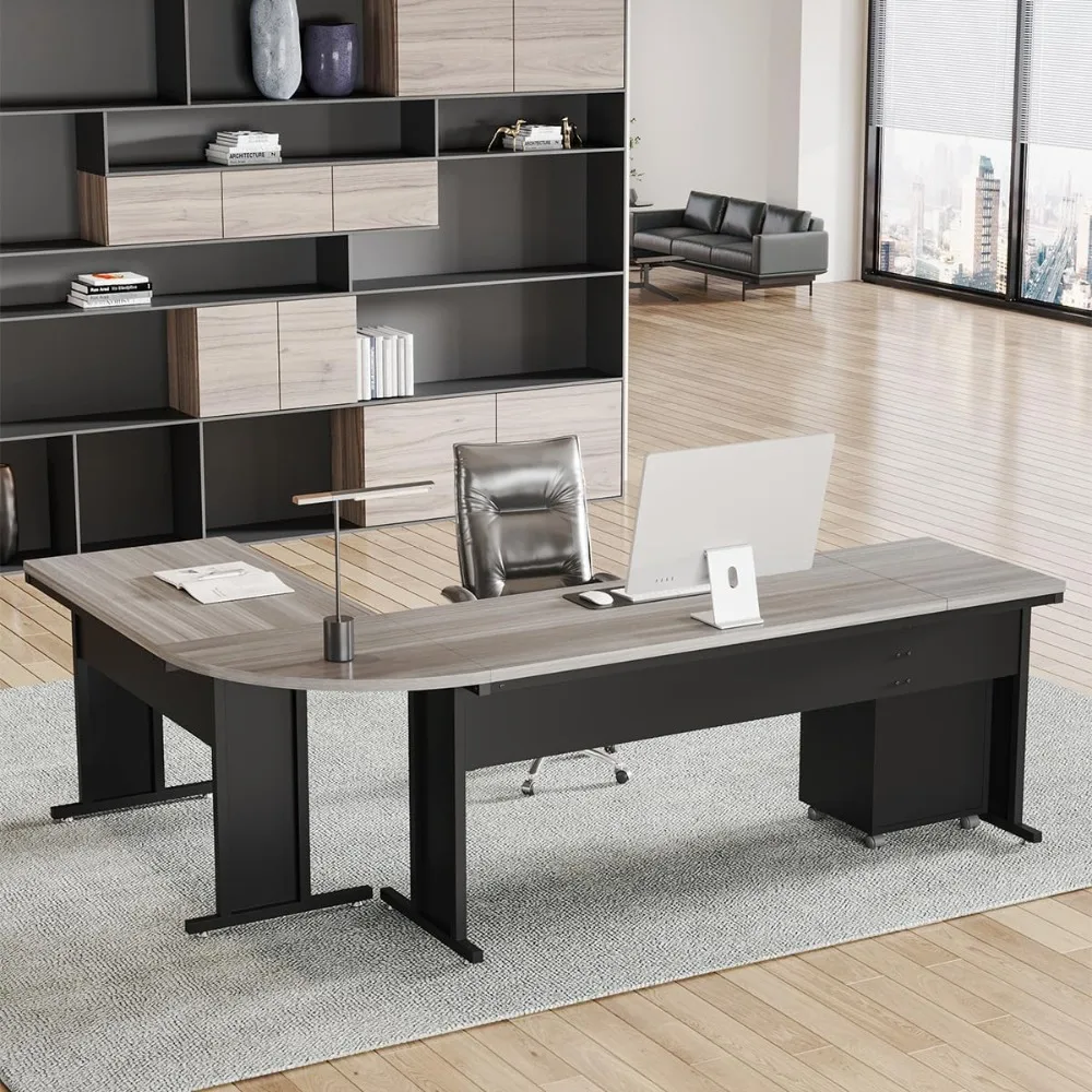 83 Inch L-Shaped Office Desk, Large Executive Computer Desk W 3-Drawer File Cabinet, Industrial Corner Desk with Storage Drawers