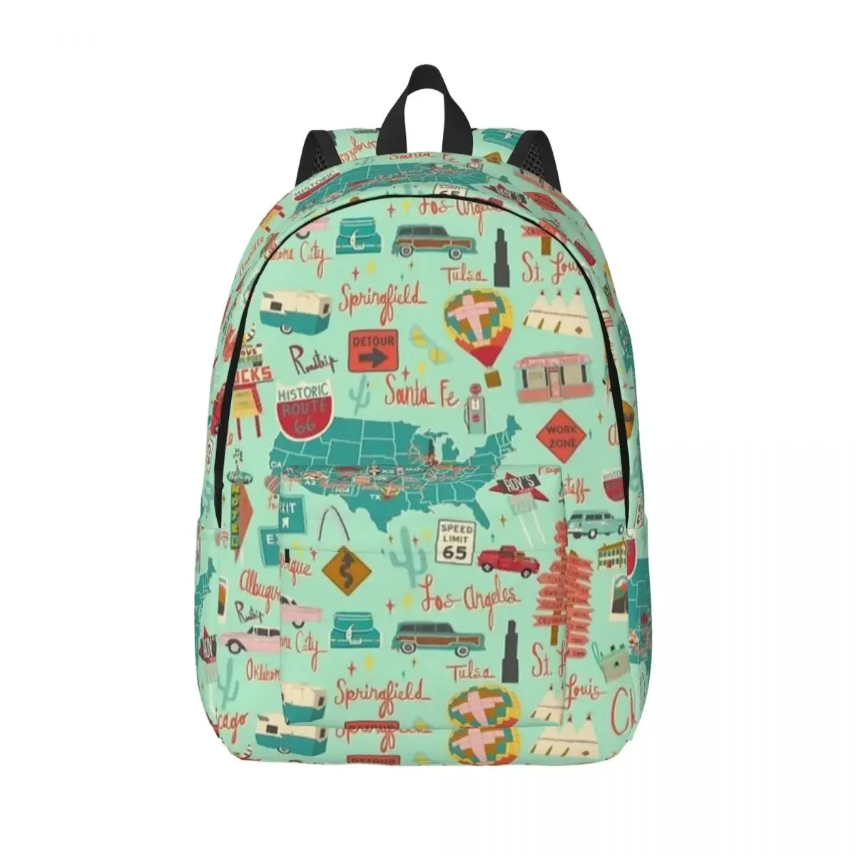 

Route 66 Vintage Road Trip Aqua Backpack for Men Women Cool High School Hiking Travel Daypack Laptop Computer Shoulder Bag Sport