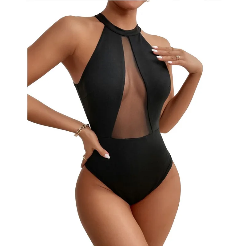 2026 Mesh Backless One-Piece Swimsuit Women Vintage Mesh splicing Swimming Bodysuit Sports Swimwear Summer Beach Bathing Suits