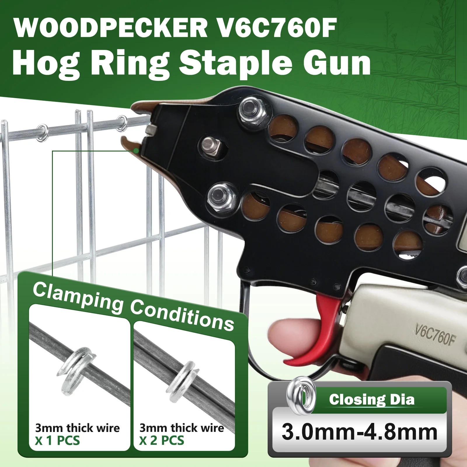 Woodpecker V6C760A 16-Gauge Upgraded Trigger Pneumatic Hog Ring Gun, 1/2-Inch Crown, 3.0-4.8mm Closure Diameter, for Cage, Fence