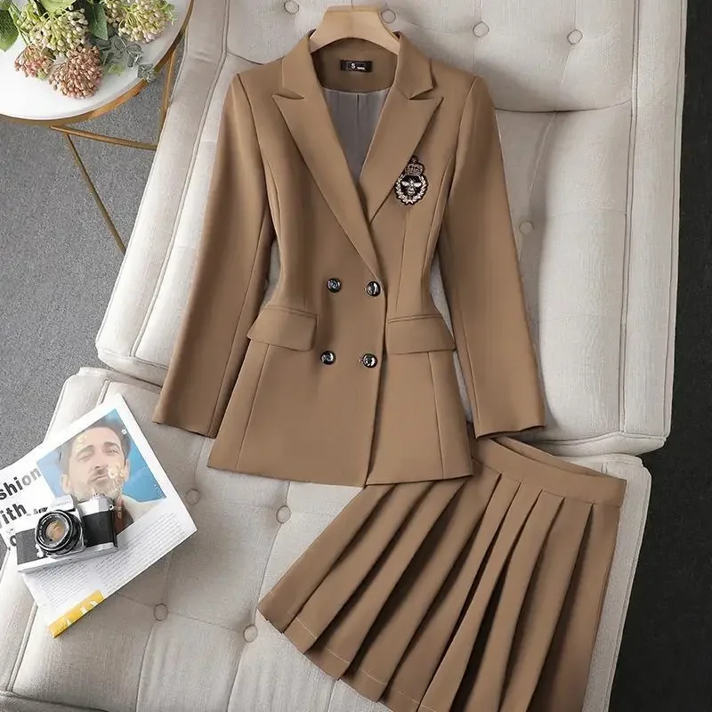 Women Elegant Office Skiirt Suit Blazer Jacke Coat Top and Pleated Mini Skirt Two Piece Set Matching Outfit Winter Clothing