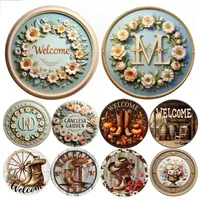 3D Round Metal Aluminum Sign Art Welcome Home  Wreath Decorative Plates Entrance Gift Mask Theme For Club Home Room Wall Decor