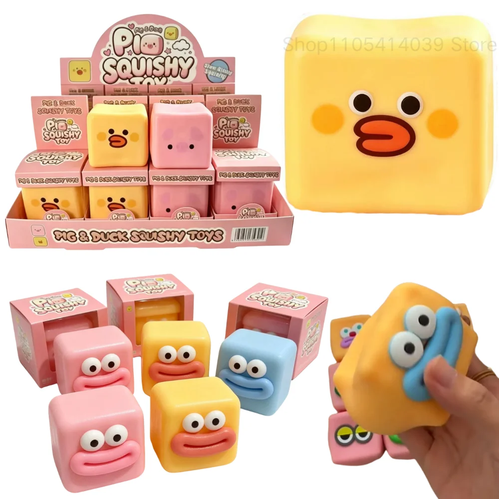 Trending Square Big Eyes Sausage Mouth Pig & Duck Pinch Music Building Blocks, Squeeze Fidget Toy, Stress Relief Sensory Toy