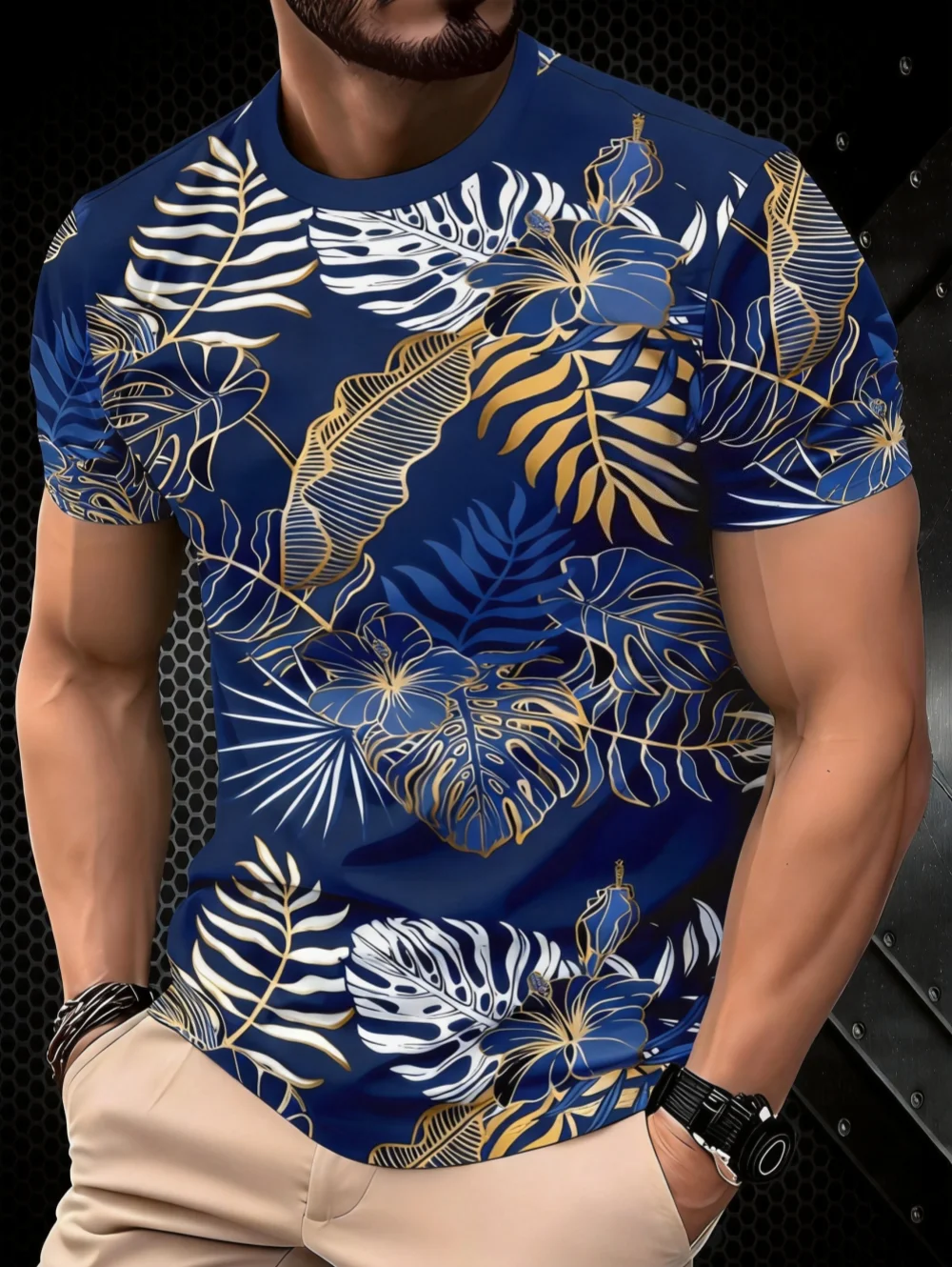 Vintage Summer Men's 3D Tropical Plants Print T-Shirt Street Casual Short Sleeve Round Neck Top Tees Hawaiian Menswear Clothing