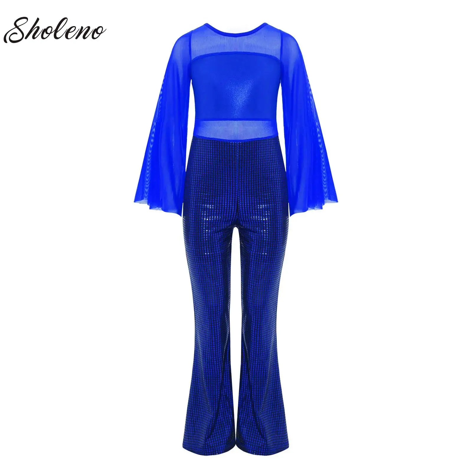 

Kids Girls 60s 70s Bell-Bottom Jumpsuit Jazz Dance Performance Costume Long Flared Sleeves Sheer Mesh Metallic Plaid Unitard
