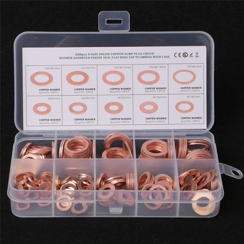 200Pcs O Ring Copper Metric Washers Assortment Kit Flat Sealing Washer 9 Sizes M5 M6 M8 M10 M12 M14