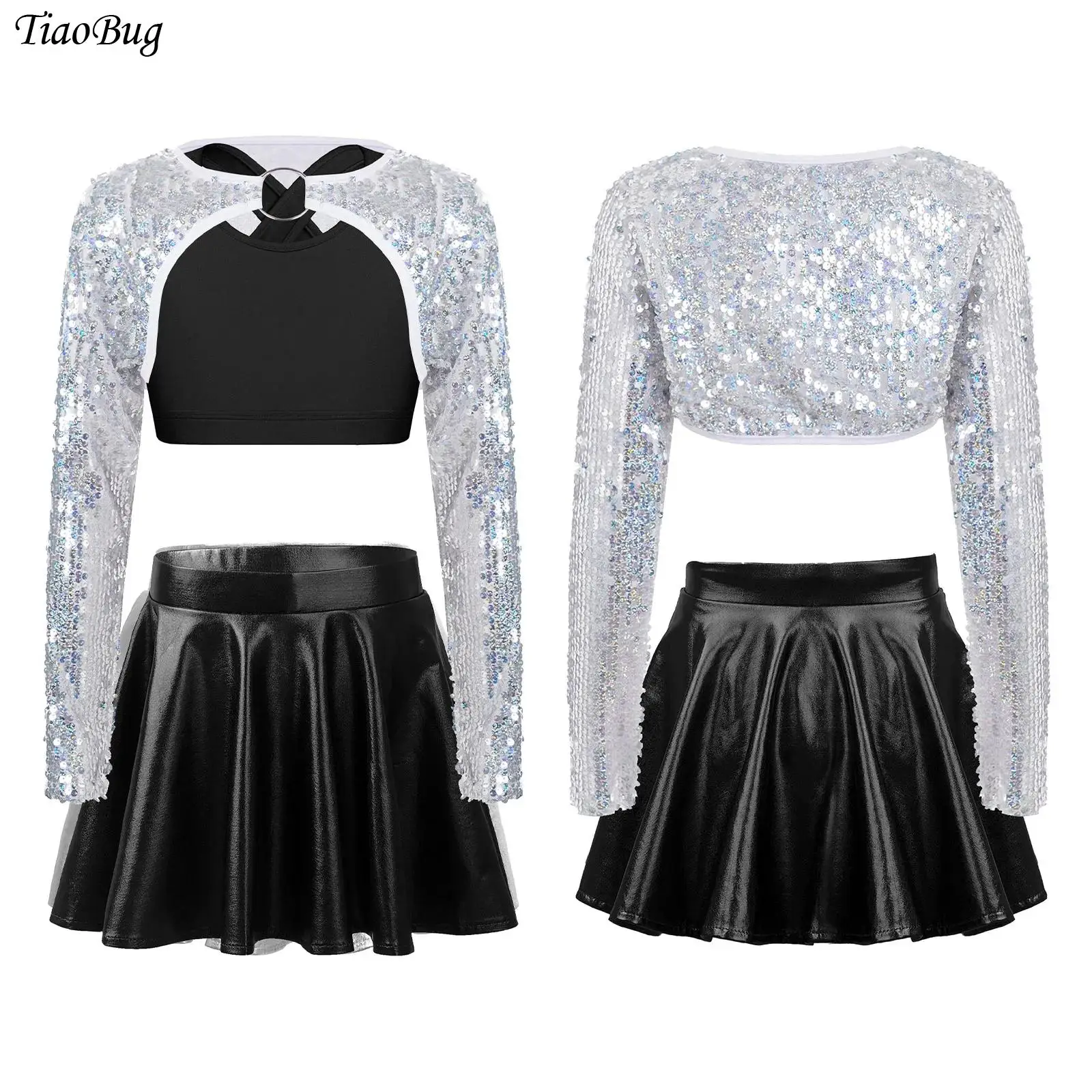 Tenue de danse jazz pour filles, col en U, fibre brillante, paillettes scintillantes, haussement d'épaules BEmbed o, haut court à manches longues, jupe métallique, enfants, ensemble de 3 pièces