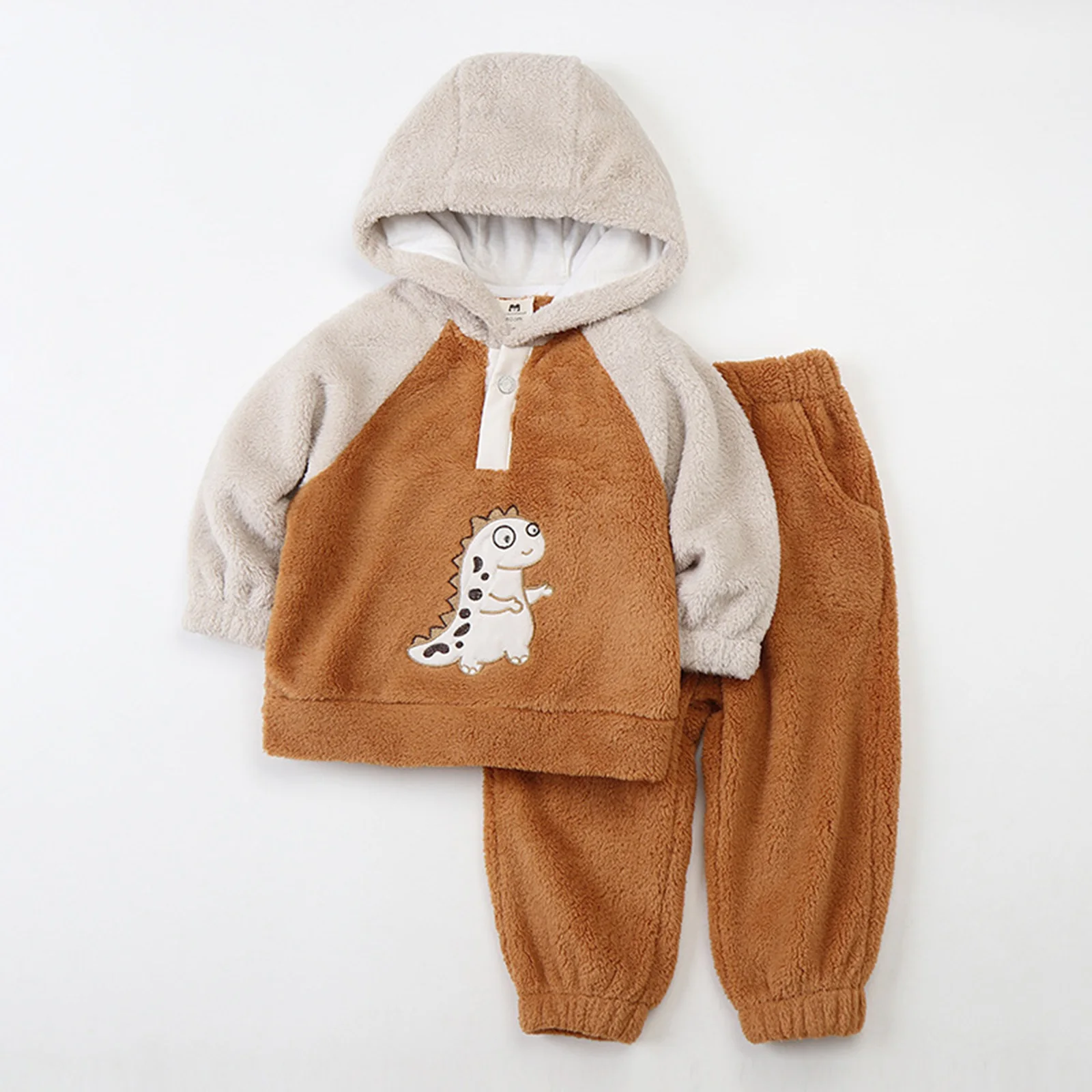 Children Boys Winter Casual Furry Warm Outfit Long Sleeve Coral Velvet Dinosaur Pattern Hooded Coat with Pants for Daily Sports