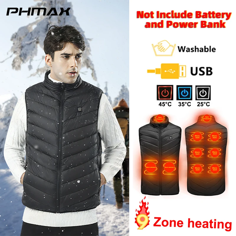 PHMAX Electric Heated Vest Winter Warm Jacket Hiking Heated Vest Outdoor Sports Ski Warming Gear USB 9/2 Places Thermal Coat