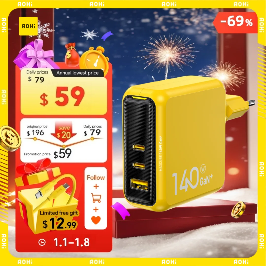 AOHI Magcube Pro 140W GaN Charger PD3.1 3-Port USB C Charger For Macbook Pro Laptop Fast Charger For iPhone 16 Xiaomi Tablet