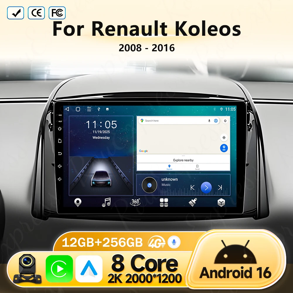 

Автомагнитола Android 16 для Renault Koleos 2008-2016, 2K QLED, мультимедийный видеоплеер, GPS-стереосистема, CarPlay, 4G, головное устройство