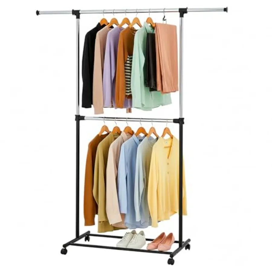 

Double Rail Clothes Rack Adjustable Rolling Garment Rack on Wheels Extendable Hanging Rods and Bottom Shelf for Bedroom Laundry