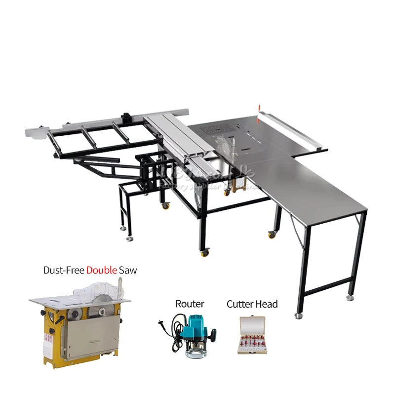 Swing for High Precision Wood Panel Cutting Operation Arm Table Saw with 4-Way Adjustable Arm Dual Blades Design