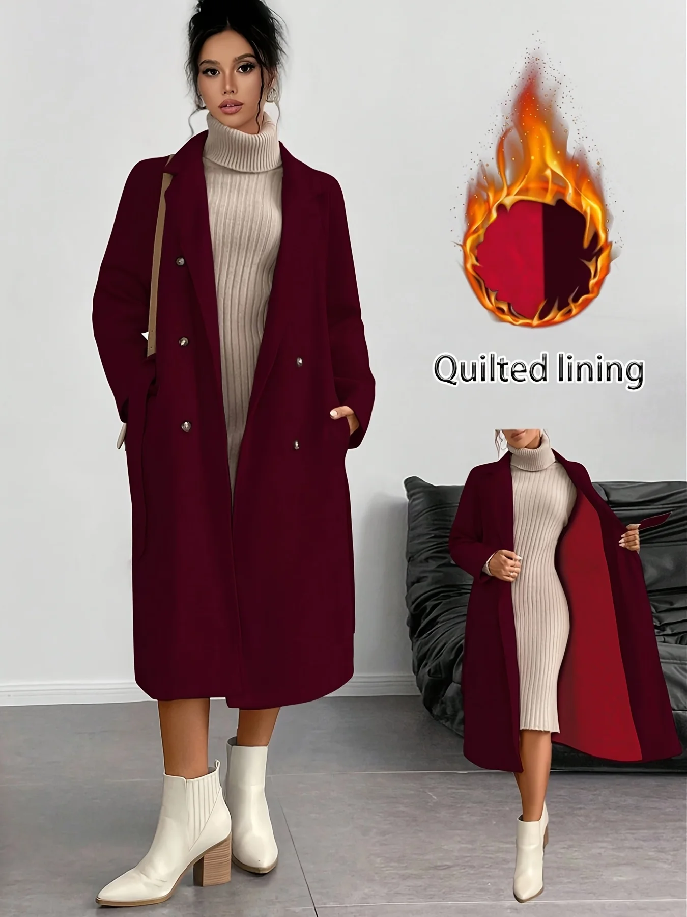 

This elegant wine red long lace-up lapel woolen coat for women in autumn and winter is slimming and versatile