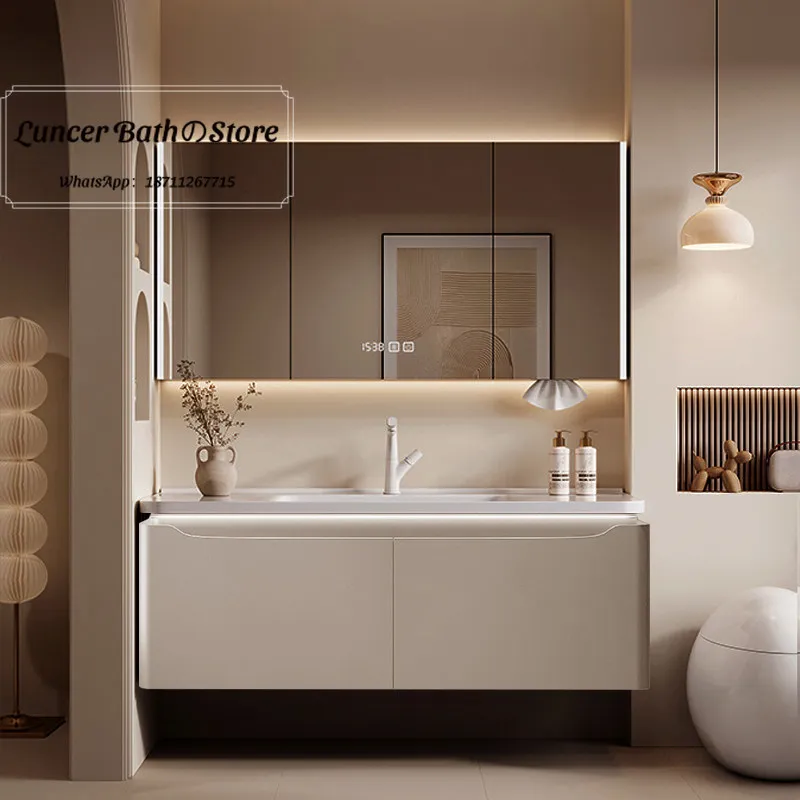 Cream Style Bathroom Vanity, Corian Integrated & Ceramic Wash Basin Combo Modern Bathroom Sink Cabinet