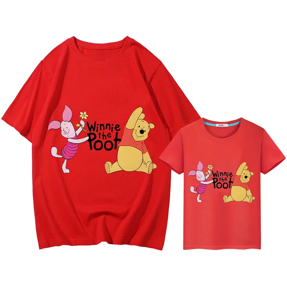 Disney mother daughter matching clothes girls anime Short Pooh Bear Print 100%Cotton t shirt for kids Kawaii Men women Tops y2k