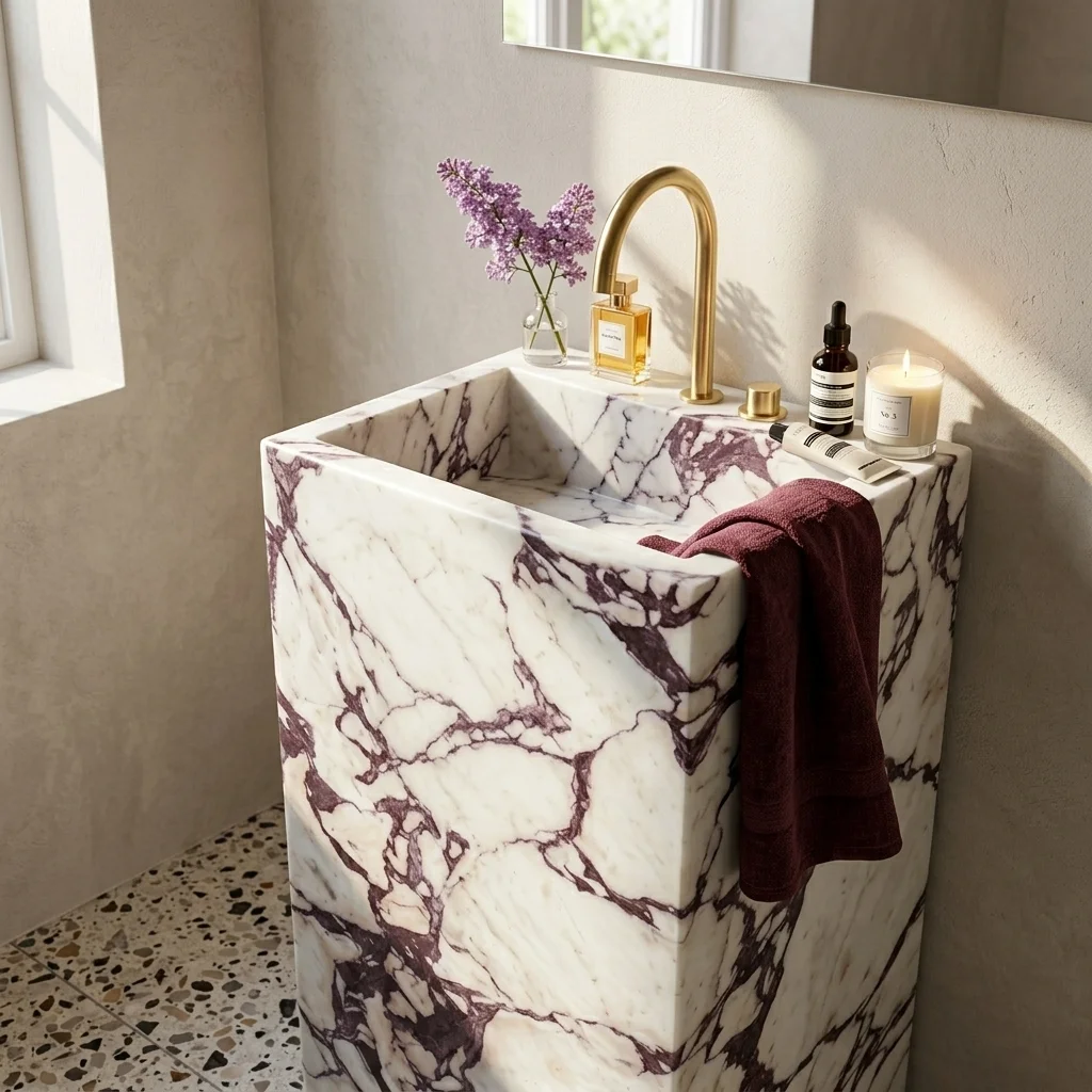 #￥Wholesale Italian Calacatta Viola Marble Pedestal Wash Basin Floor Mounted Modern Sanitary Wares Hand Wash Sink for Bathroom