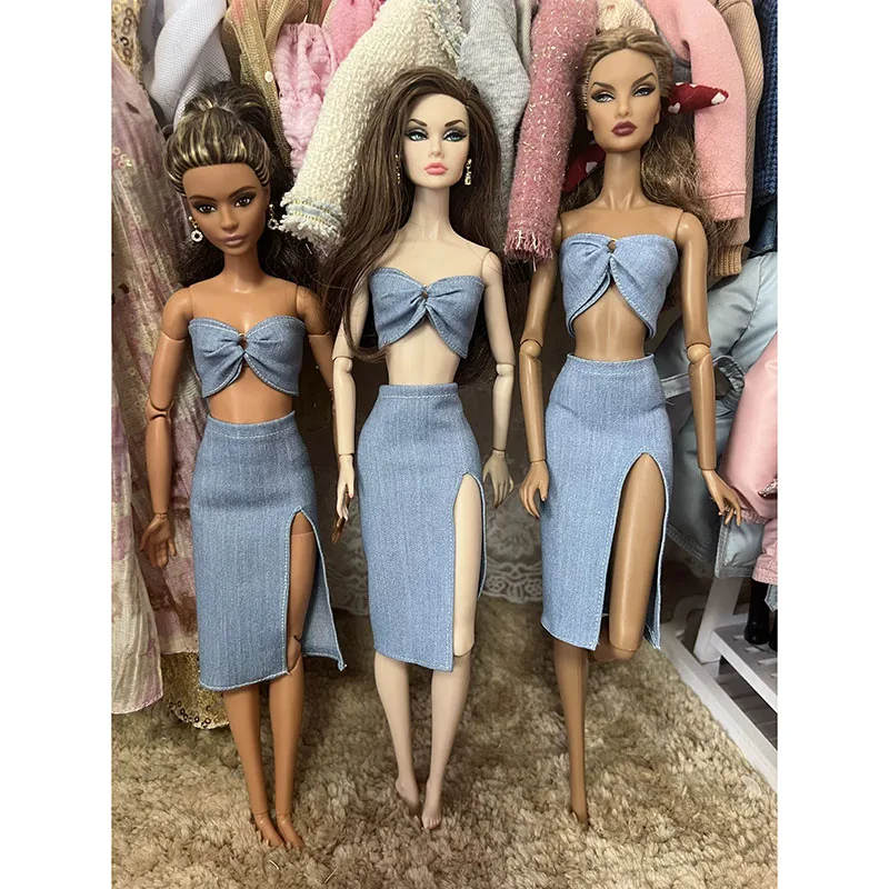 Zomervakantie Mode Denim Vest + Geplooide Rok Set / Dubbel Vlindervest Denim Halve Rok 30cm Pop Dagelijkse Verkleedkleding