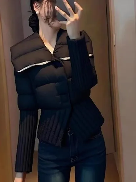 

Корейское женское хлопковое длинное пальто с воротником темно-синего цвета в Корейском стиле, зимняя теплая верхняя одежда, прямое длинное пальто обычного кроя све