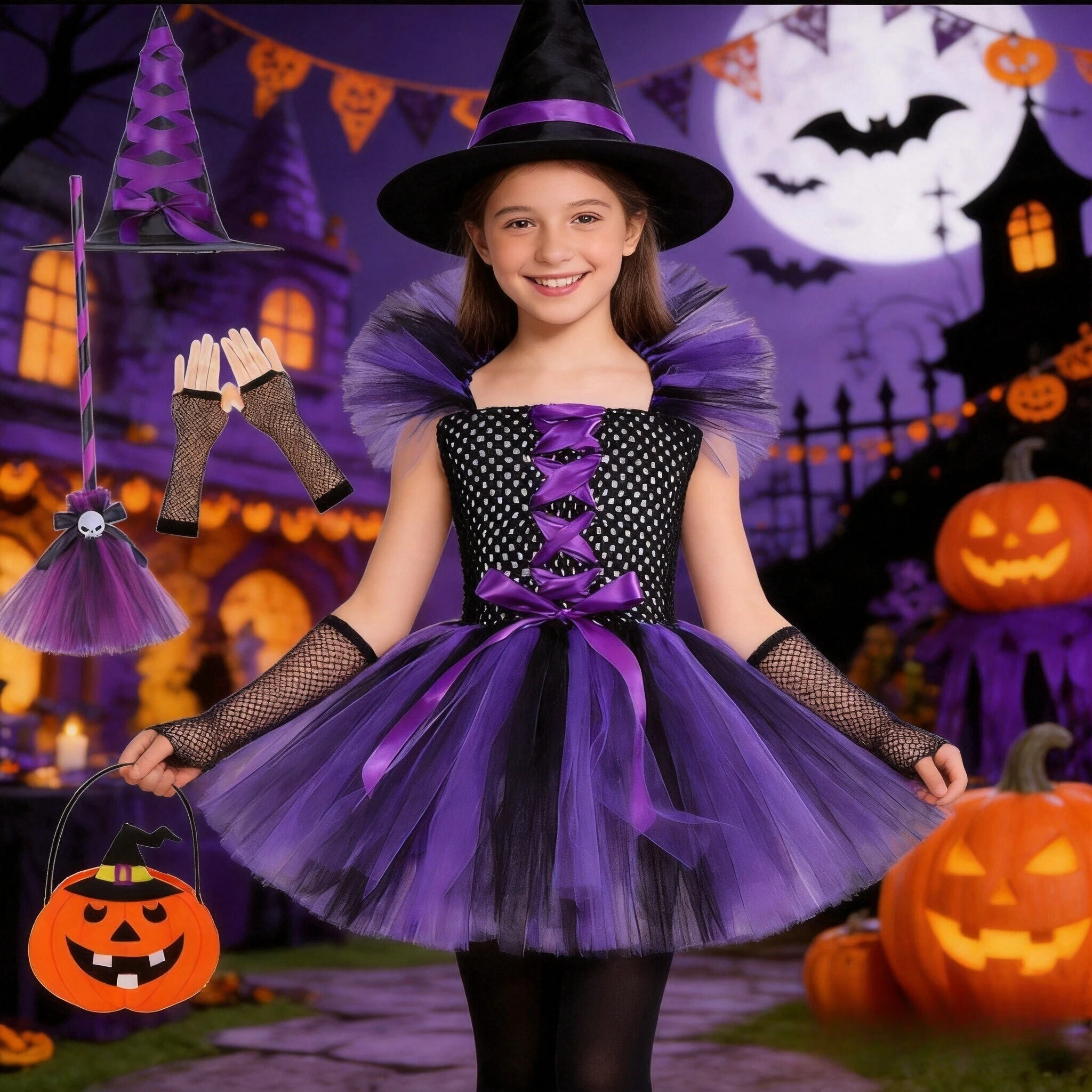 Halloween Costume for Girl Witch Vampire Cosplay Dress Carnival Party Clothes Children's Fluffy Skirts Halloween Gifts