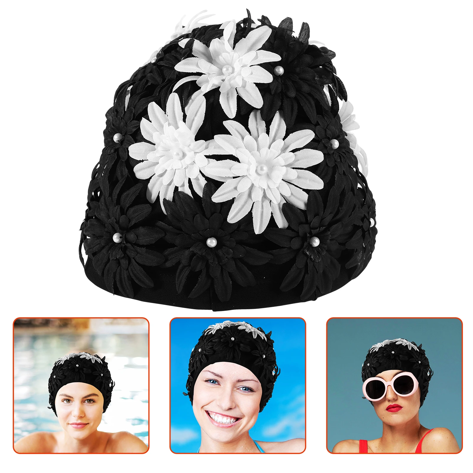 

Women'S Reusable Stylish Floral Swim Cap Fabric Embroidered Bathing Hat Waterproof Pearl Flower Design For Swimming Long Hair