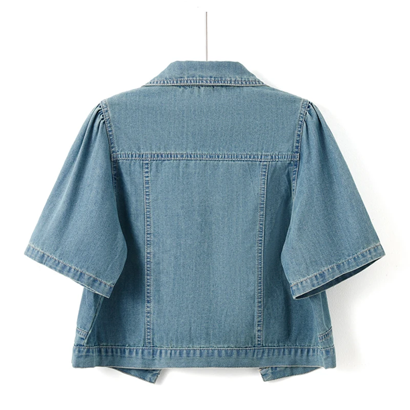 Summer Korean Thin Slim Short Denim Jacket Light Blue Dark Blue Women Cowboy Outerwear Lapel Short Sleeve Jeans Jacket Coat