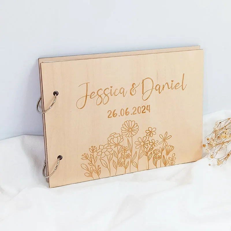 Custom Wedding Guestbook Personalized Name And Date Rustic Floral Wooden Guestbook Wedding Signature Book Anniversary Gift